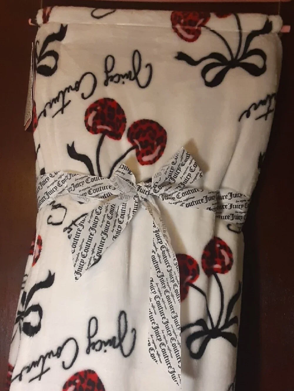Full Queen Juicy Couture Plush Blanket in White with Red Cherries and Black Bows
